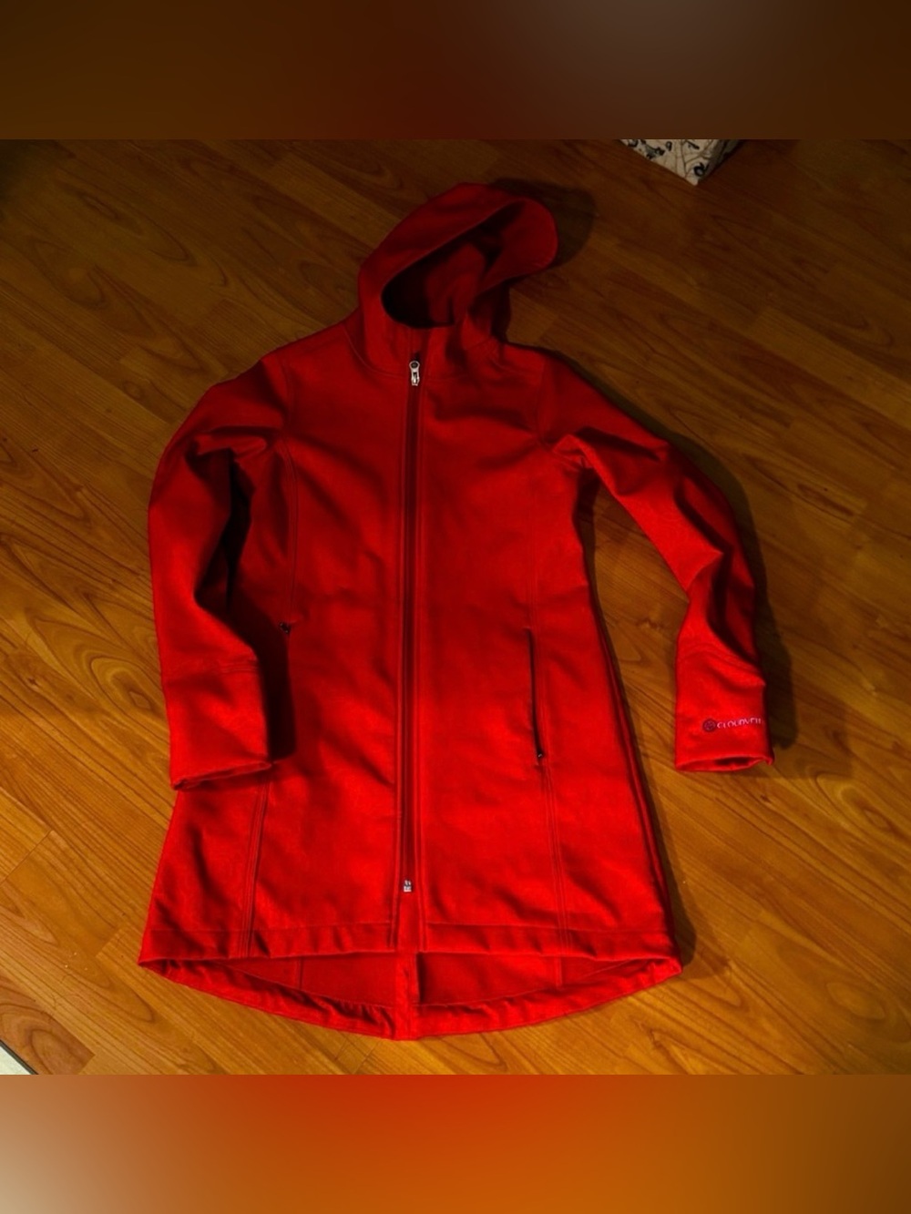 Cloudveil red hooded softshell raincoat